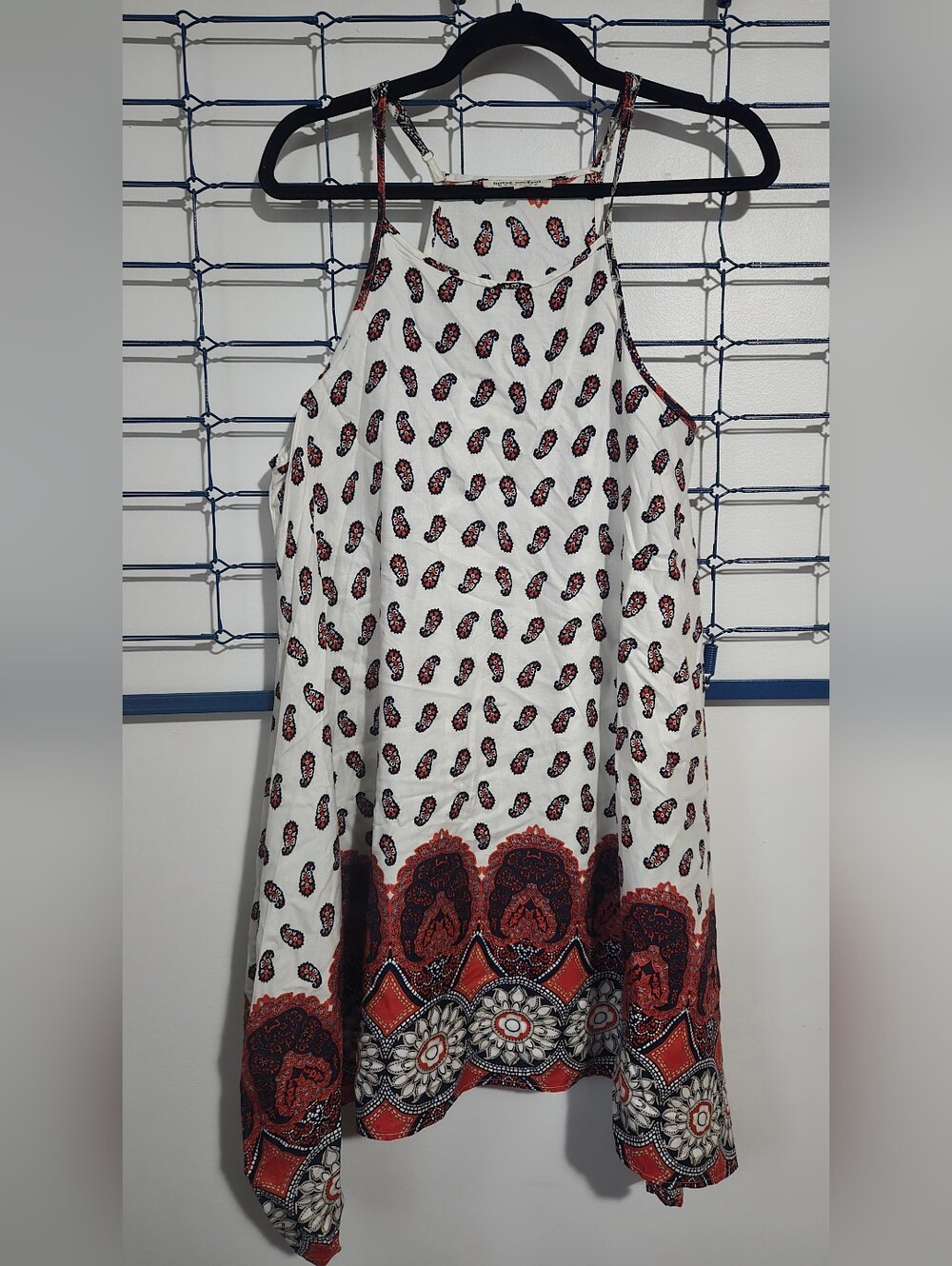 White Boho Paisley Halter Tank with Red Border